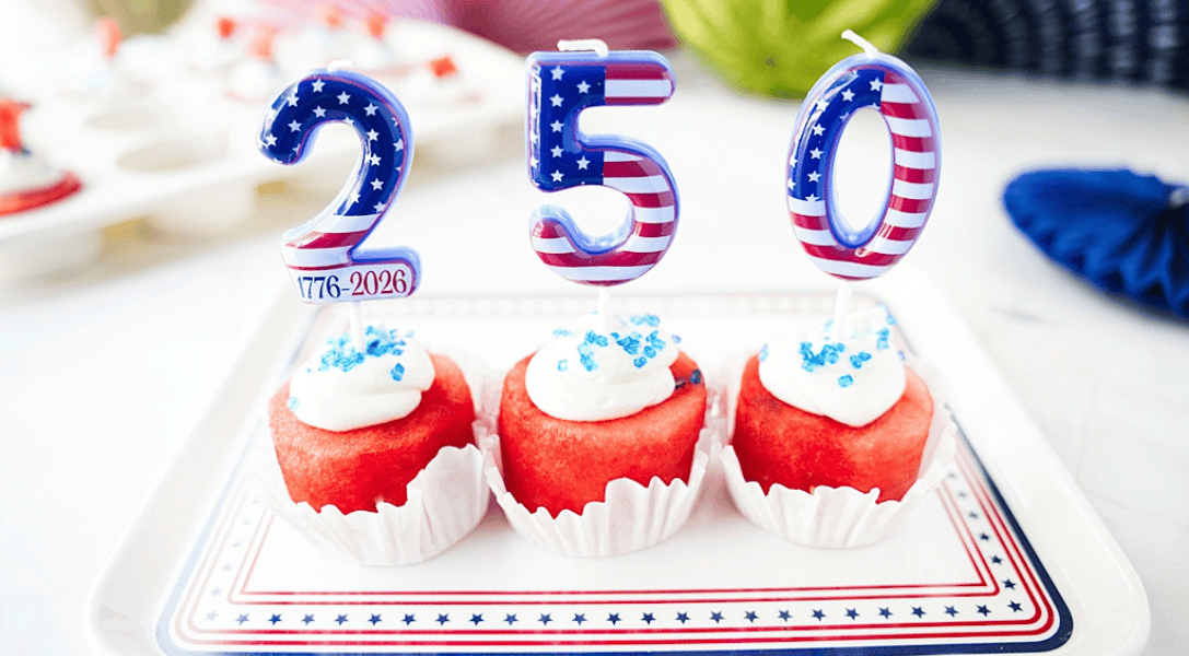 250 candles in Watermelon Cucapkes on red, white and blue plate