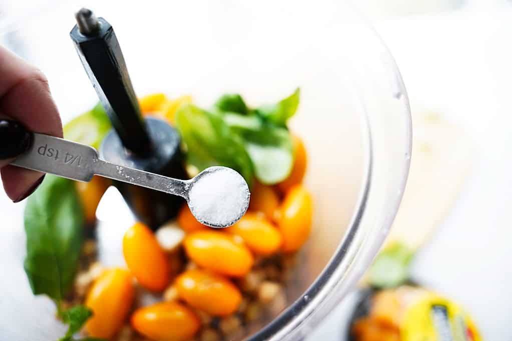 All of the humus ingredients in the food processor