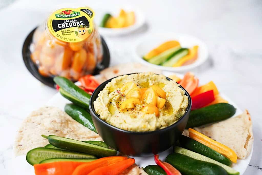 veggie platter with Golden Tomato Hummus dip