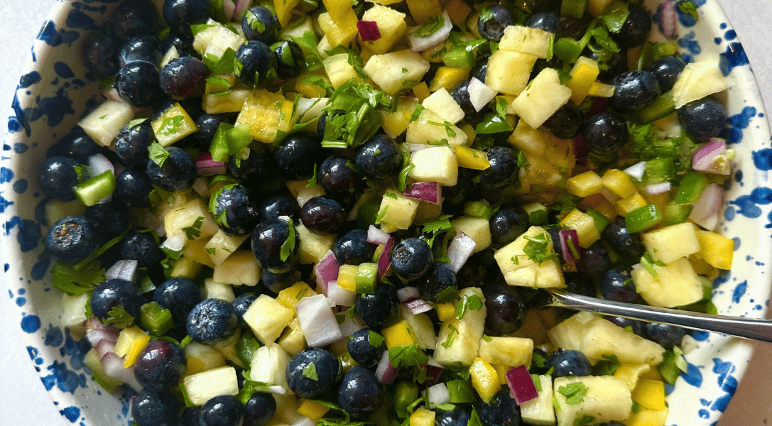 overhead shot of the bluberry pineapple salsa