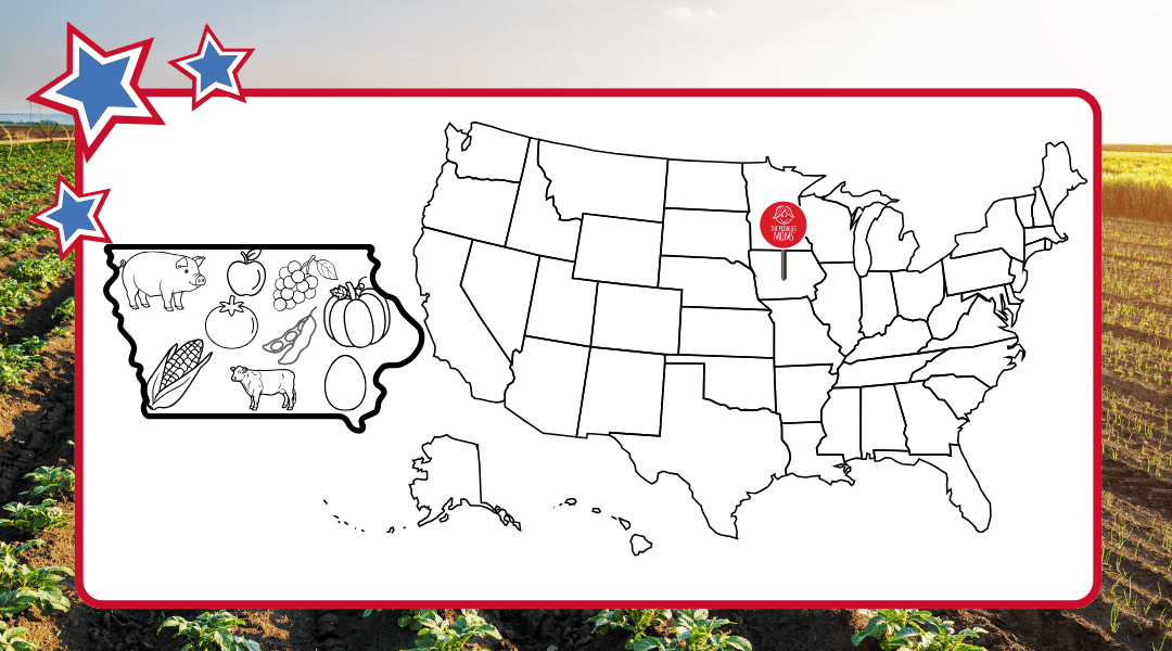 outline of the US with a pin in Iowa with the state outline to the left showing agricultural commodities grown there
