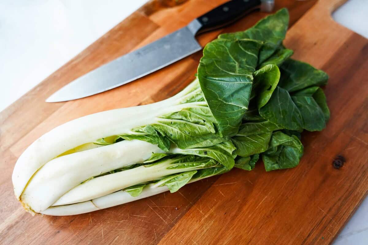 Bok Choy on cutting board with knife