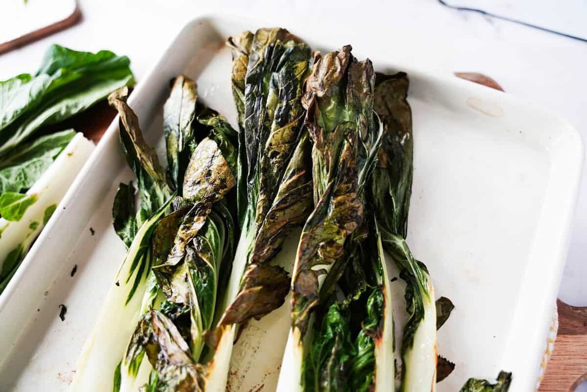 oven roasted bok choy on baking sheet