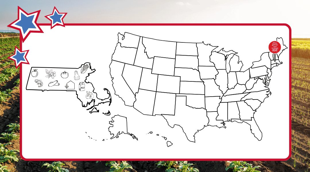 US Map with pin in Massachusetts and state outline to the left with top agricultural commodities