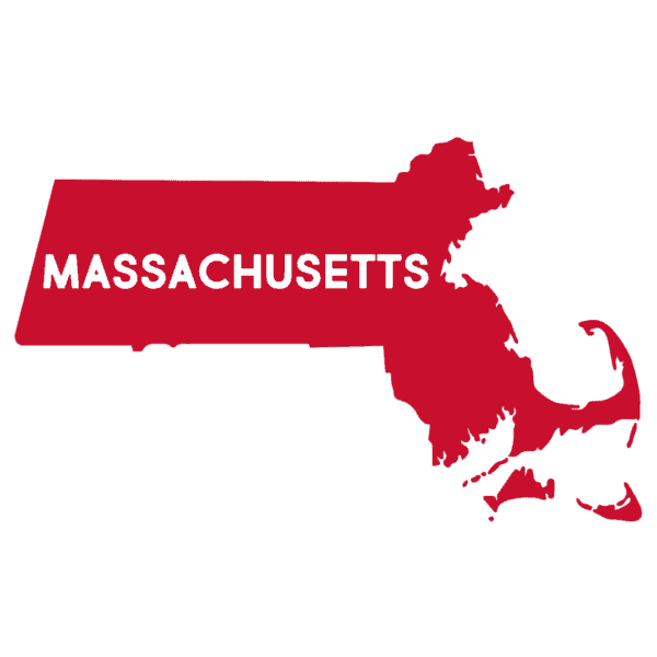 Red outline of the state of Massachusetts