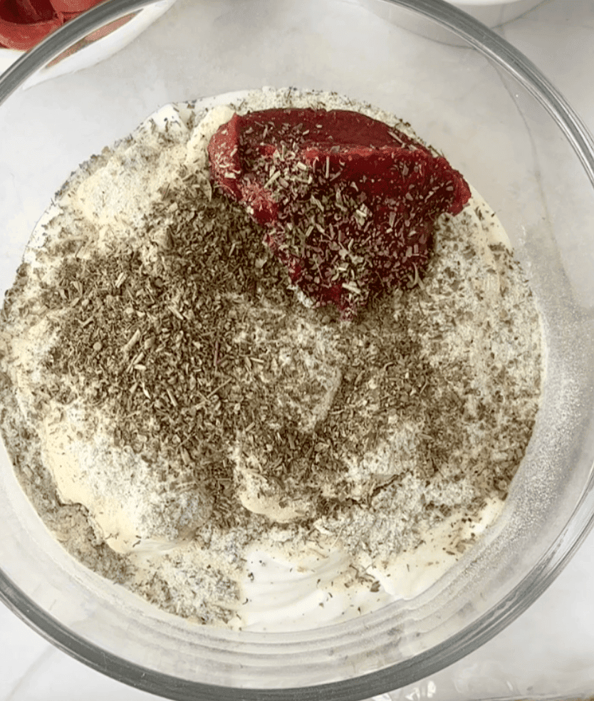Mixing the base ingredients for the Ranch Pizza Dip