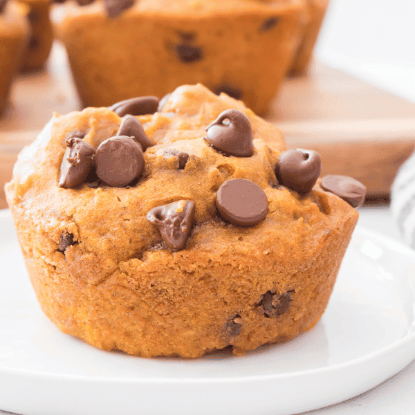 Chocolate Chip Pumpkin Muffin on white plate