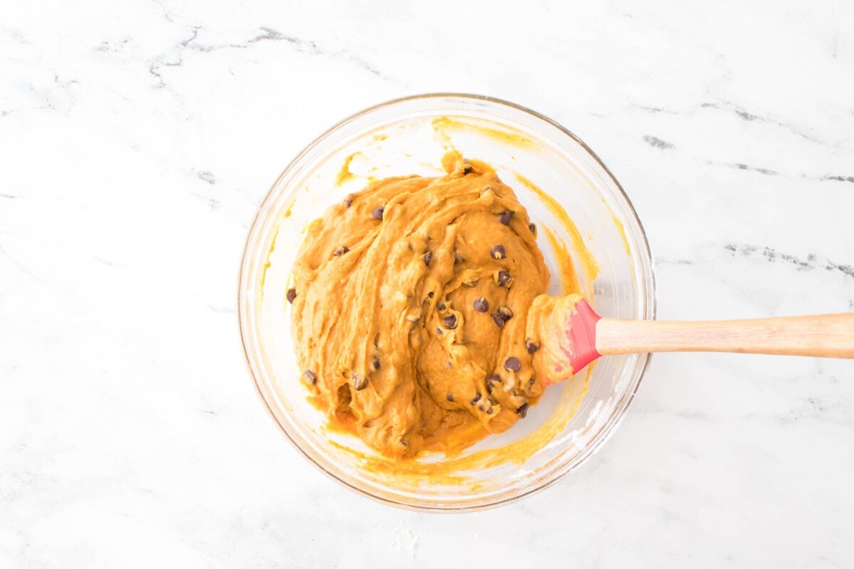 folding in the chocolate chips into the muffin batter