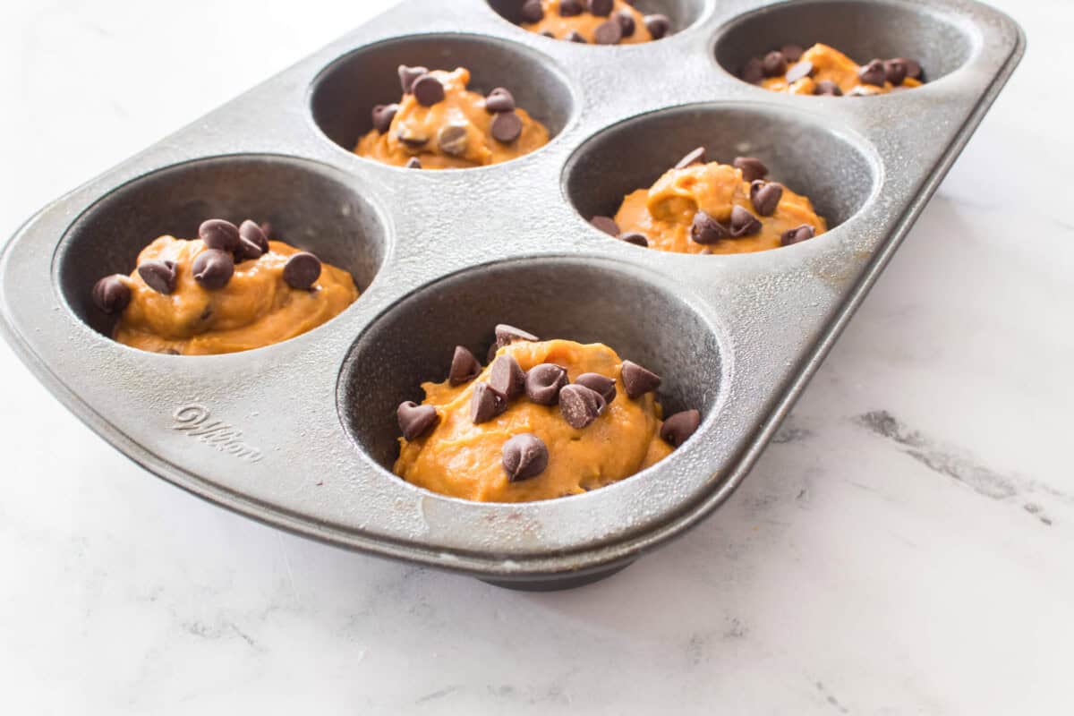 Chocolate Chip Pumpkin Muffins batter in tin