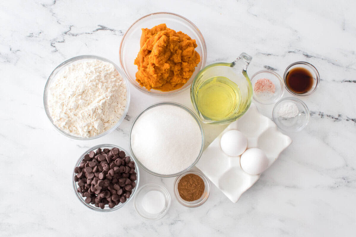 ingredients for Chocolate Chip Pumpkin Muffins